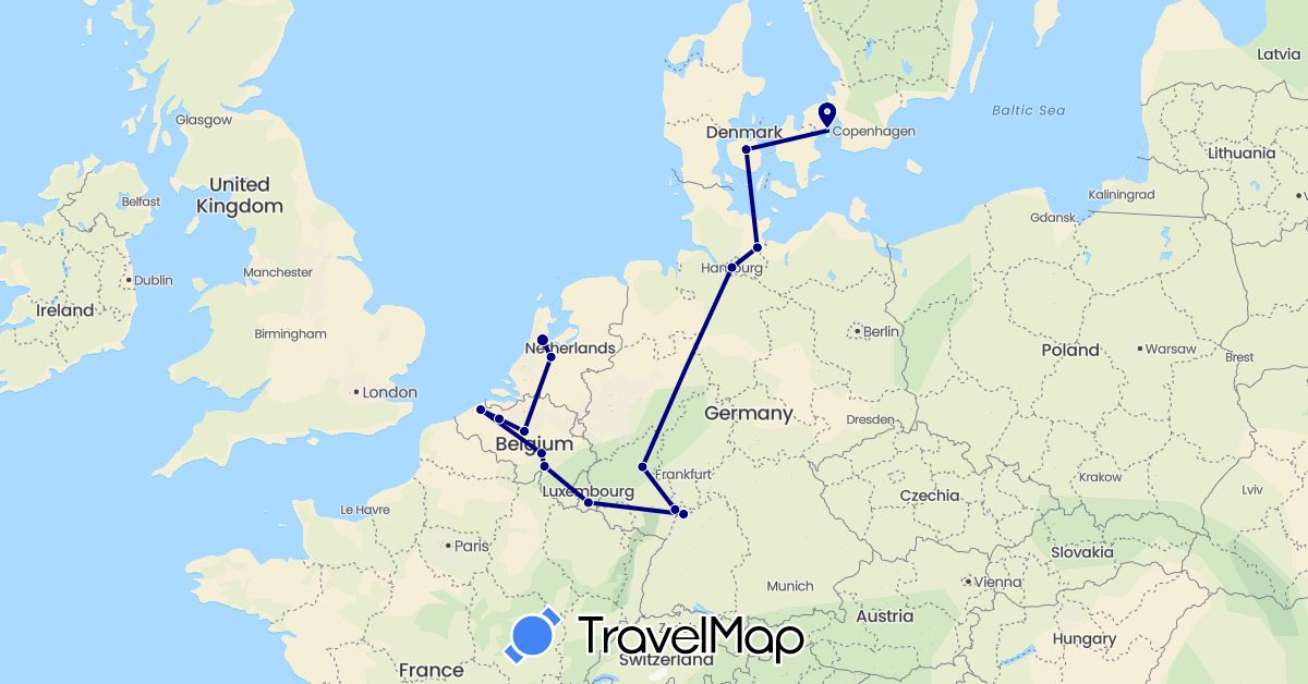 TravelMap itinerary: driving in Belgium, Germany, Denmark, Luxembourg, Netherlands (Europe)